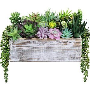 19 Pcs Assorted Artificial Succulents Fake Plants in Rectangular Wooden Pot